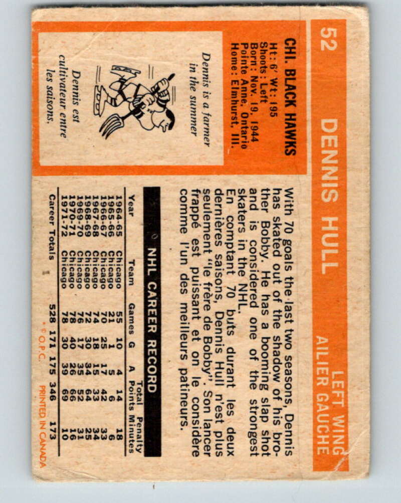 1972-73 O-Pee-Chee #52 Dennis Hull Chicago Blackhawks V3457