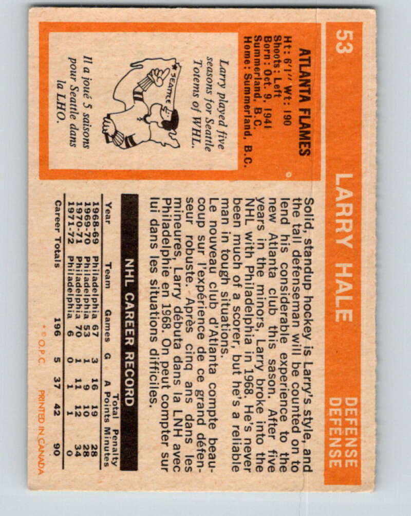 1972-73 O-Pee-Chee #53 Larry Hale RC Rookie Atlanta Flames V3459