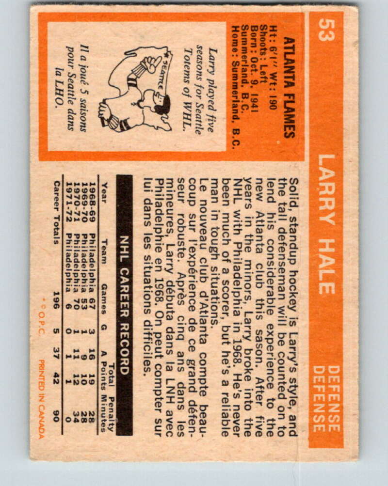 1972-73 O-Pee-Chee #53 Larry Hale RC Rookie Atlanta Flames V3460