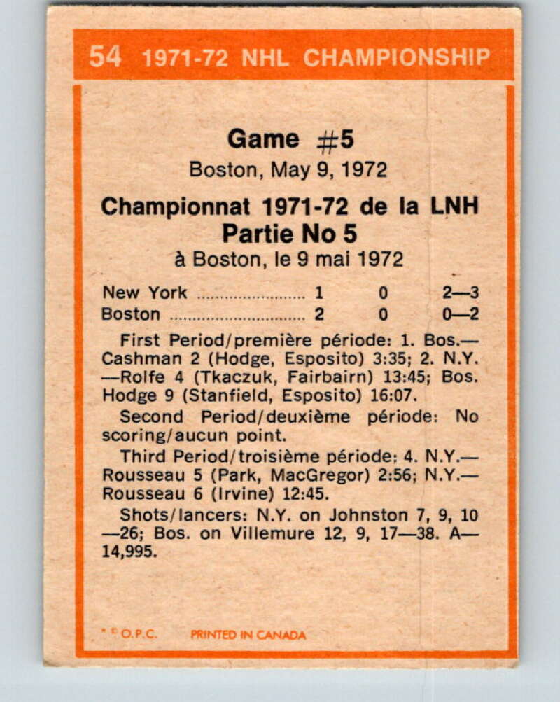 1972-73 O-Pee-Chee #54 Playoff Game 5 New York Rangers/Boston Bruins V3461