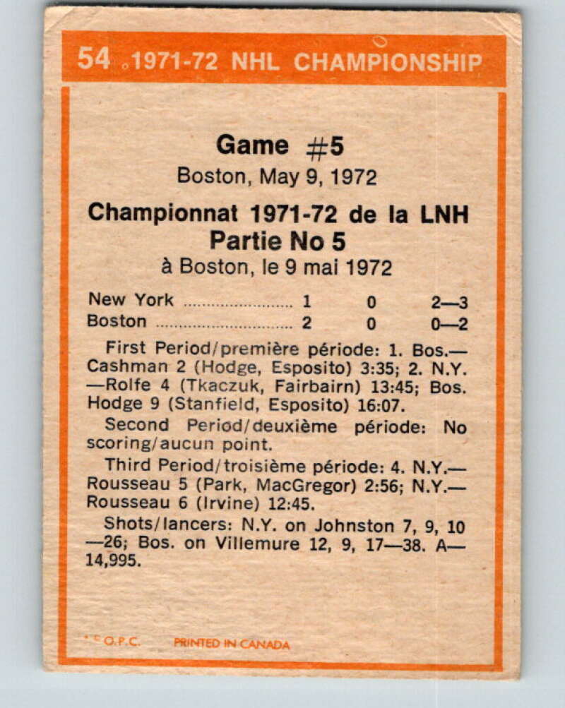 1972-73 O-Pee-Chee #54 Playoff Game 5 New York Rangers/Boston Bruins V3464