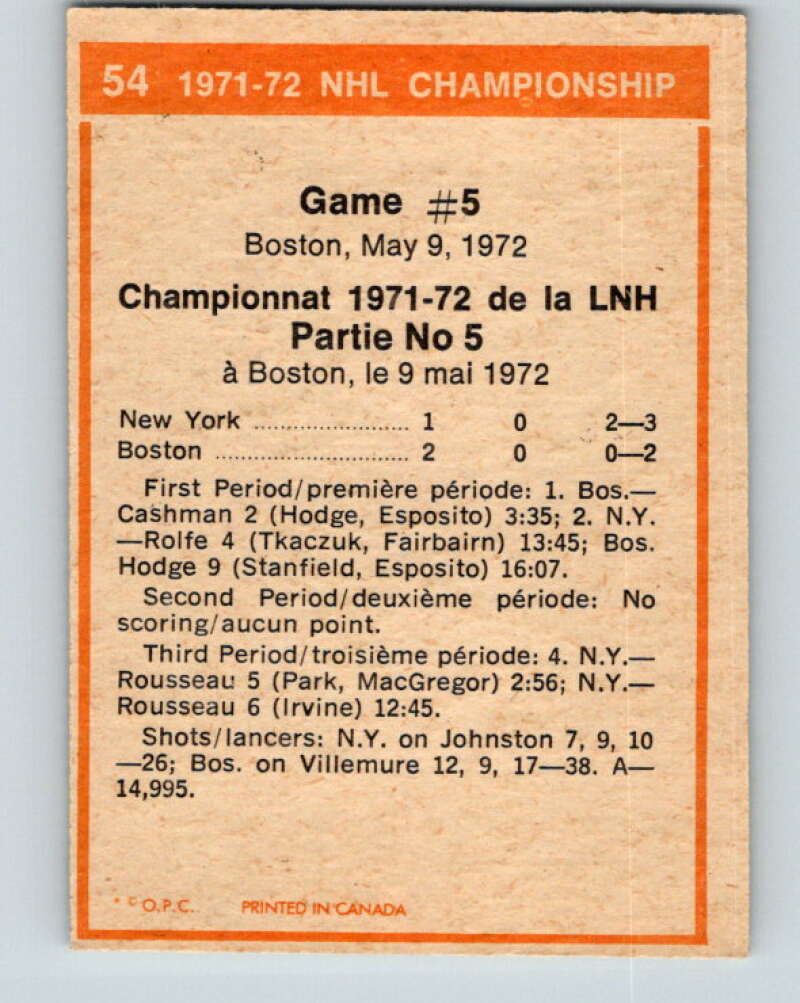 1972-73 O-Pee-Chee #54 Playoff Game 5 New York Rangers/Boston Bruins V3466