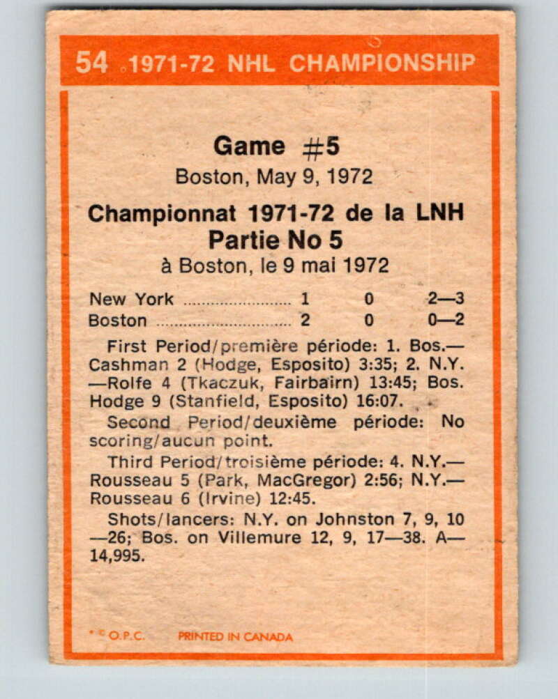 1972-73 O-Pee-Chee #54 Playoff Game 5 New York Rangers/Boston Bruins V3467