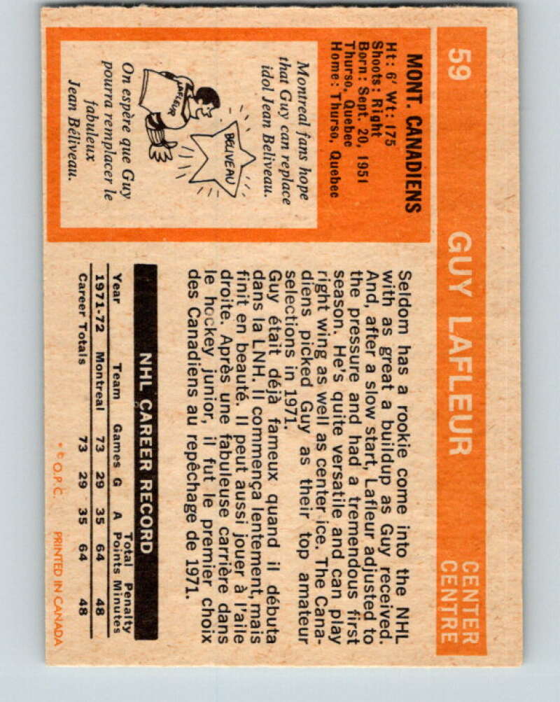1972-73 O-Pee-Chee #59 Guy Lafleur Montreal Canadiens V3505