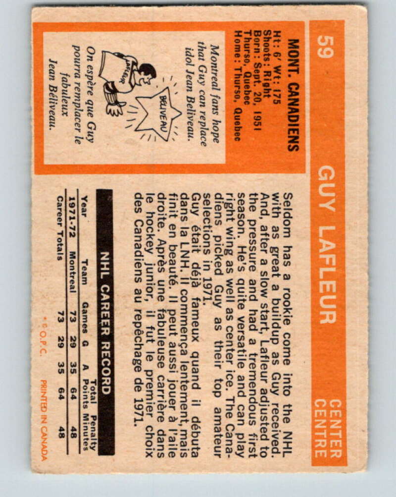 1972-73 O-Pee-Chee #59 Guy Lafleur Montreal Canadiens V3506