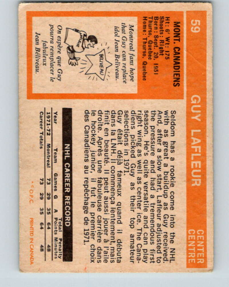 1972-73 O-Pee-Chee #59 Guy Lafleur Montreal Canadiens V3507