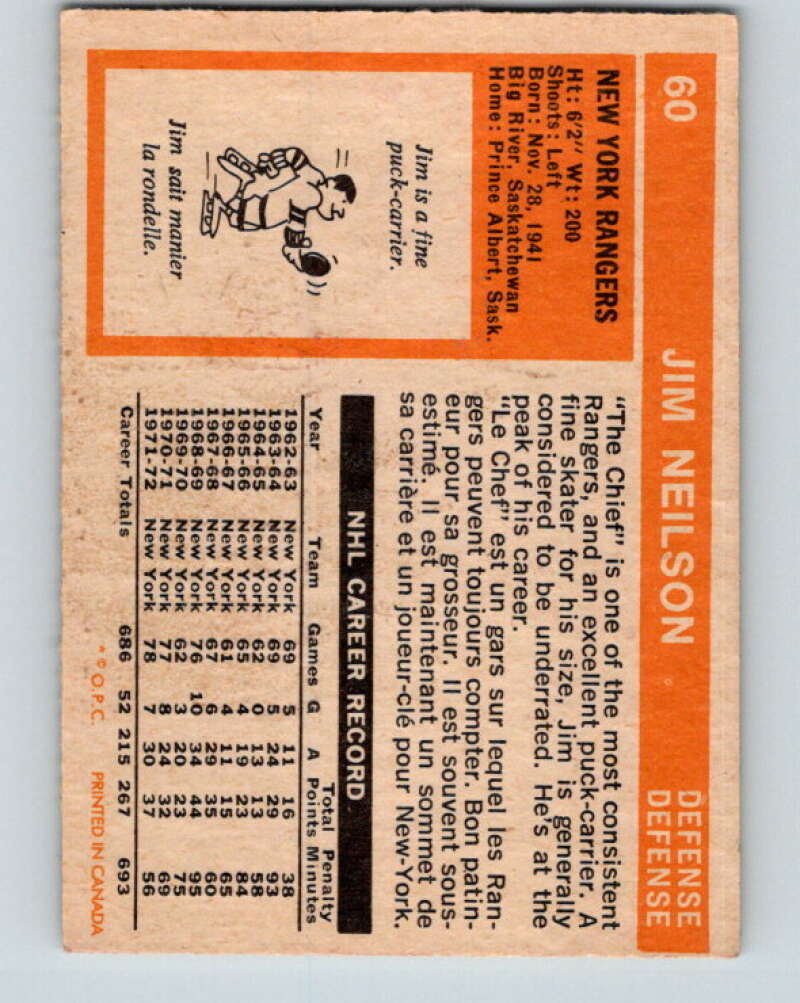 1972-73 O-Pee-Chee #60 Jim Neilson New York Rangers V3508