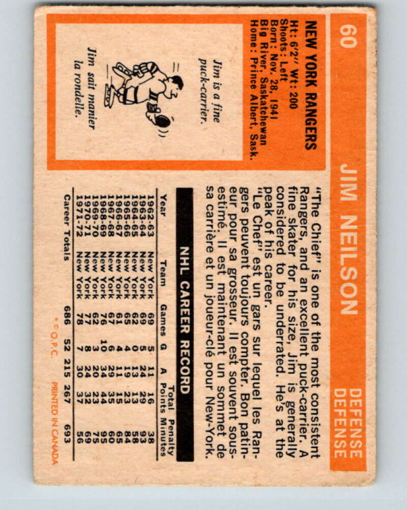 1972-73 O-Pee-Chee #60 Jim Neilson New York Rangers V3512