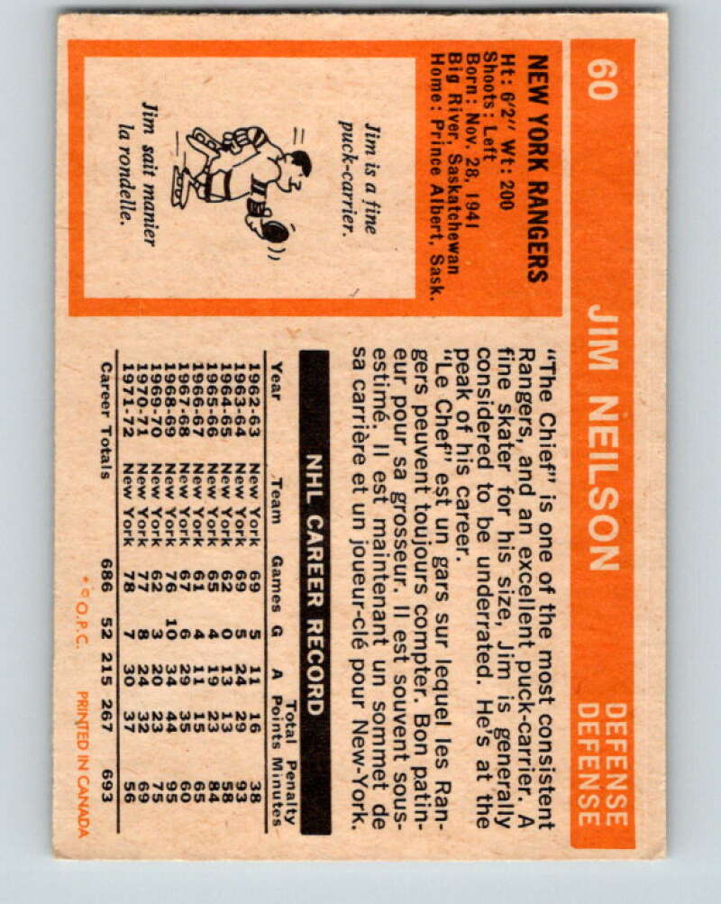 1972-73 O-Pee-Chee #60 Jim Neilson New York Rangers V3514