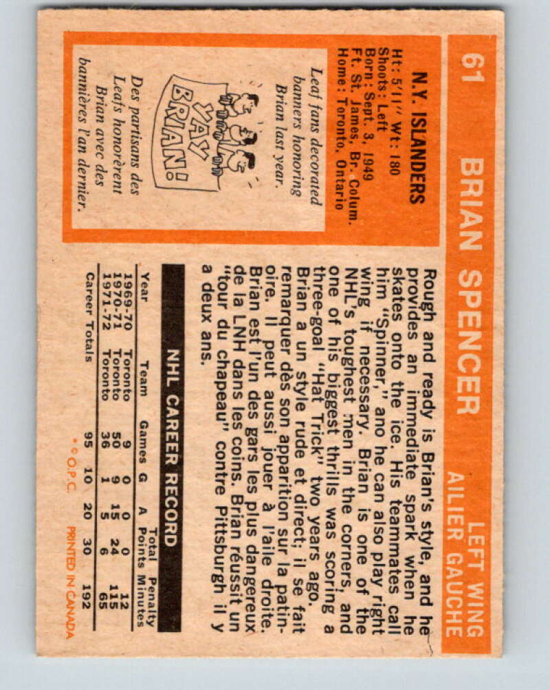 1972-73 O-Pee-Chee #61 Brian Spencer New York Islanders V3516