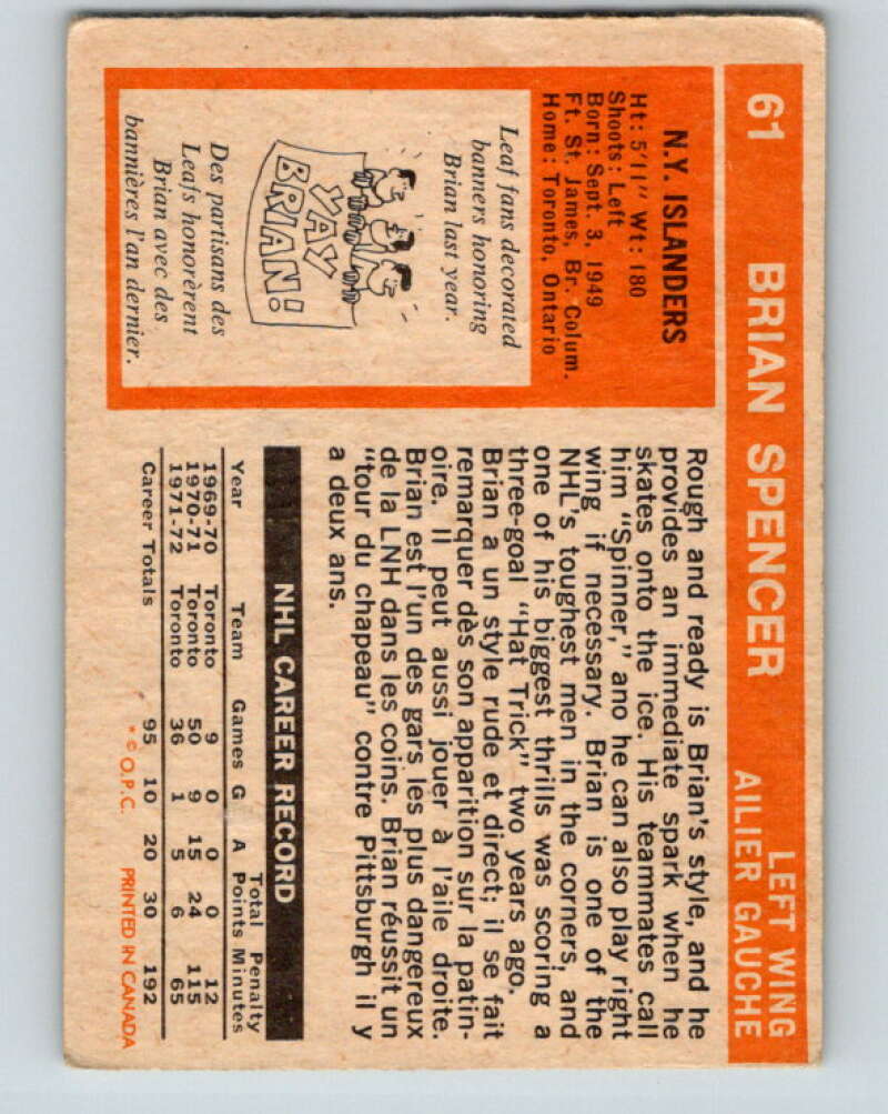 1972-73 O-Pee-Chee #61 Brian Spencer New York Islanders V3517