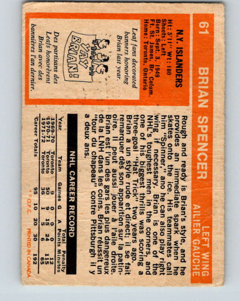 1972-73 O-Pee-Chee #61 Brian Spencer New York Islanders V3518