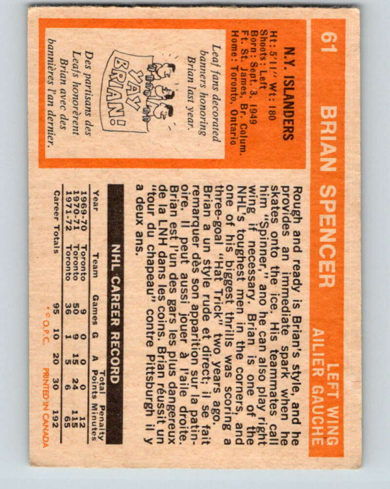 1972-73 O-Pee-Chee #61 Brian Spencer New York Islanders V3519