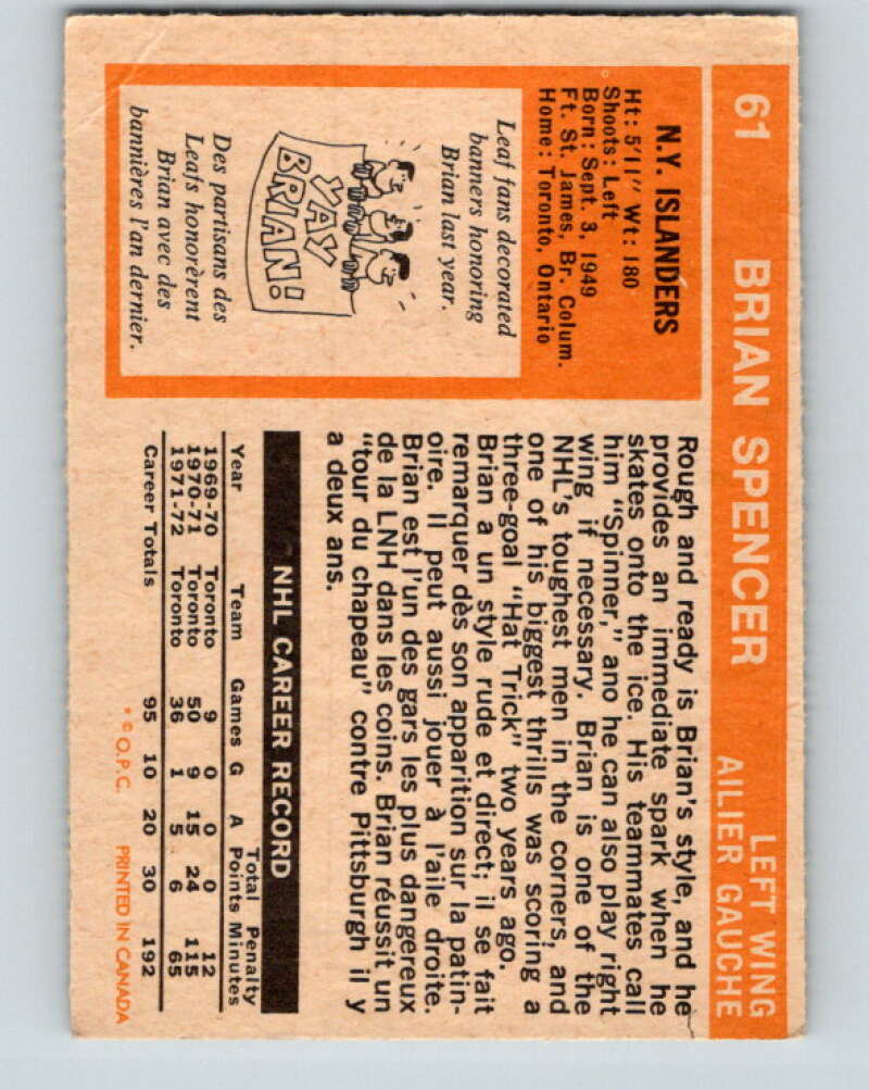 1972-73 O-Pee-Chee #61 Brian Spencer New York Islanders V3520