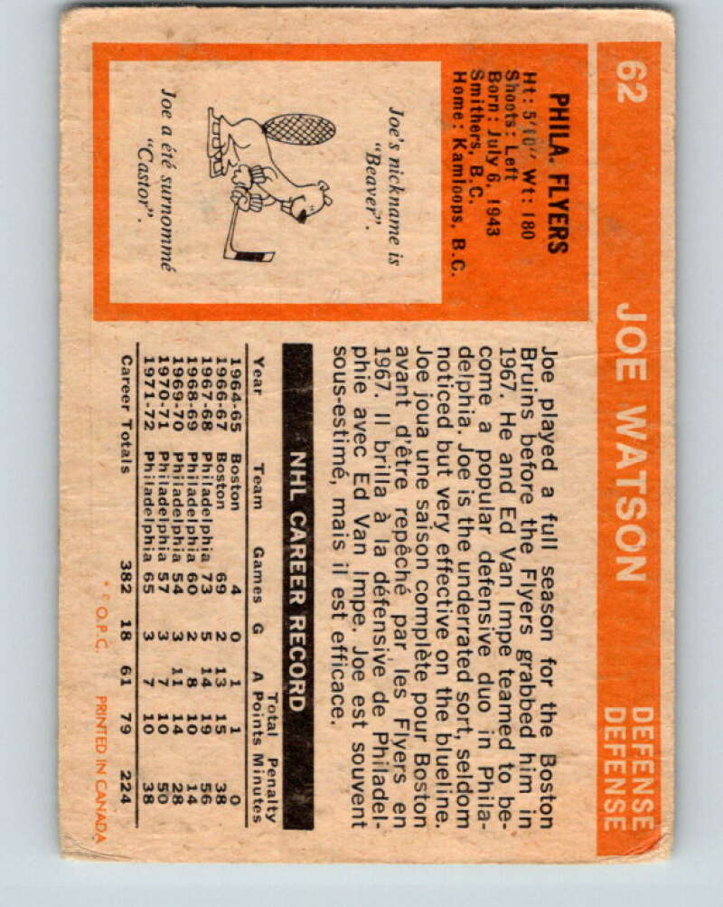 1972-73 O-Pee-Chee #62 Joe Watson Philadelphia Flyers V3524