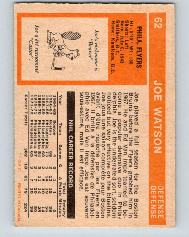 1972-73 O-Pee-Chee #62 Joe Watson Philadelphia Flyers V3525
