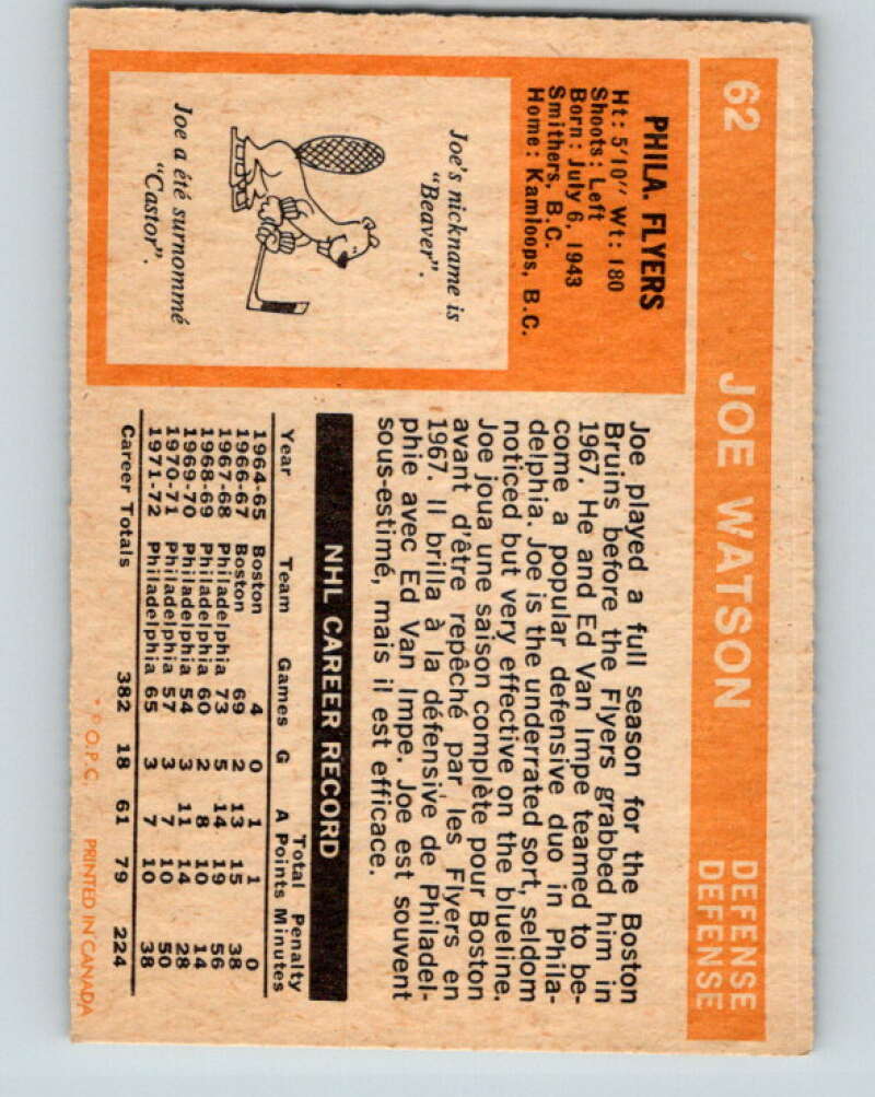 1972-73 O-Pee-Chee #62 Joe Watson Philadelphia Flyers V3526