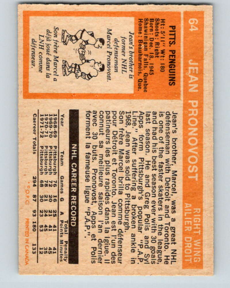 1972-73 O-Pee-Chee #64 Jean Pronovost Pittsburgh Penguins V3530