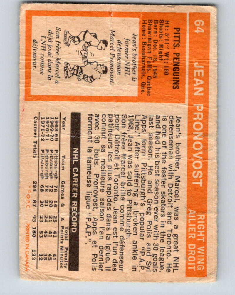 1972-73 O-Pee-Chee #64 Jean Pronovost Pittsburgh Penguins V3532