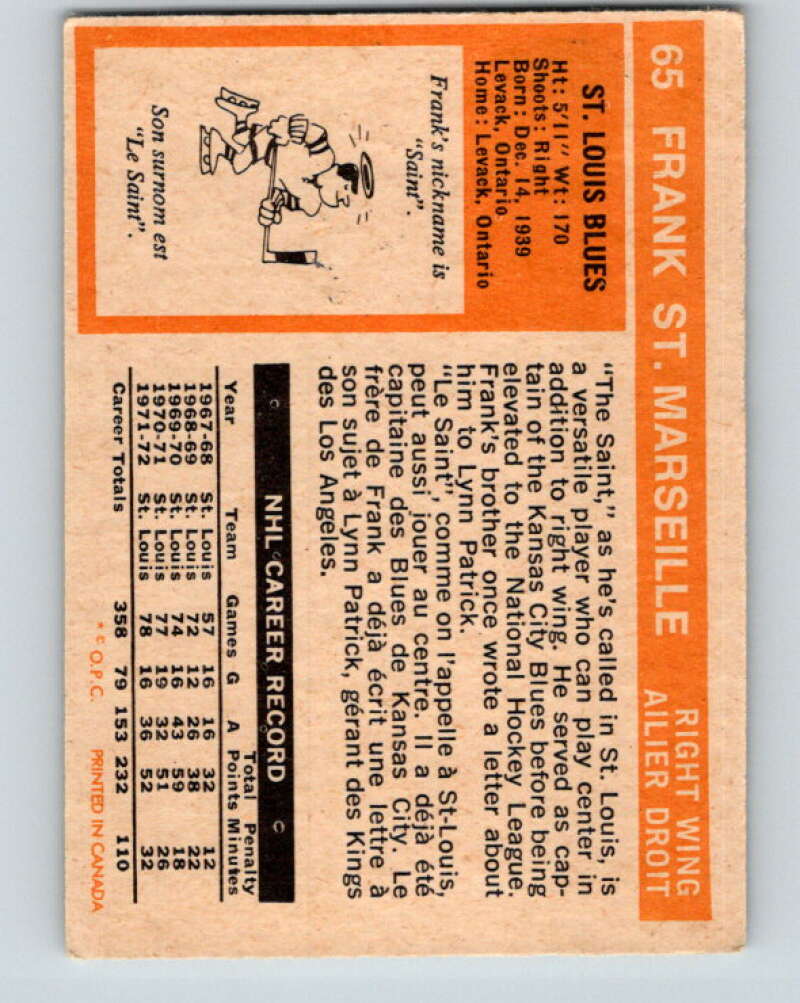 1972-73 O-Pee-Chee #65 Frank St. Marseille St. Louis Blues V3534