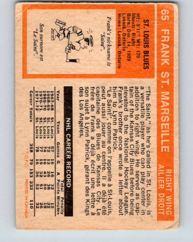 1972-73 O-Pee-Chee #65 Frank St. Marseille St. Louis Blues V3535