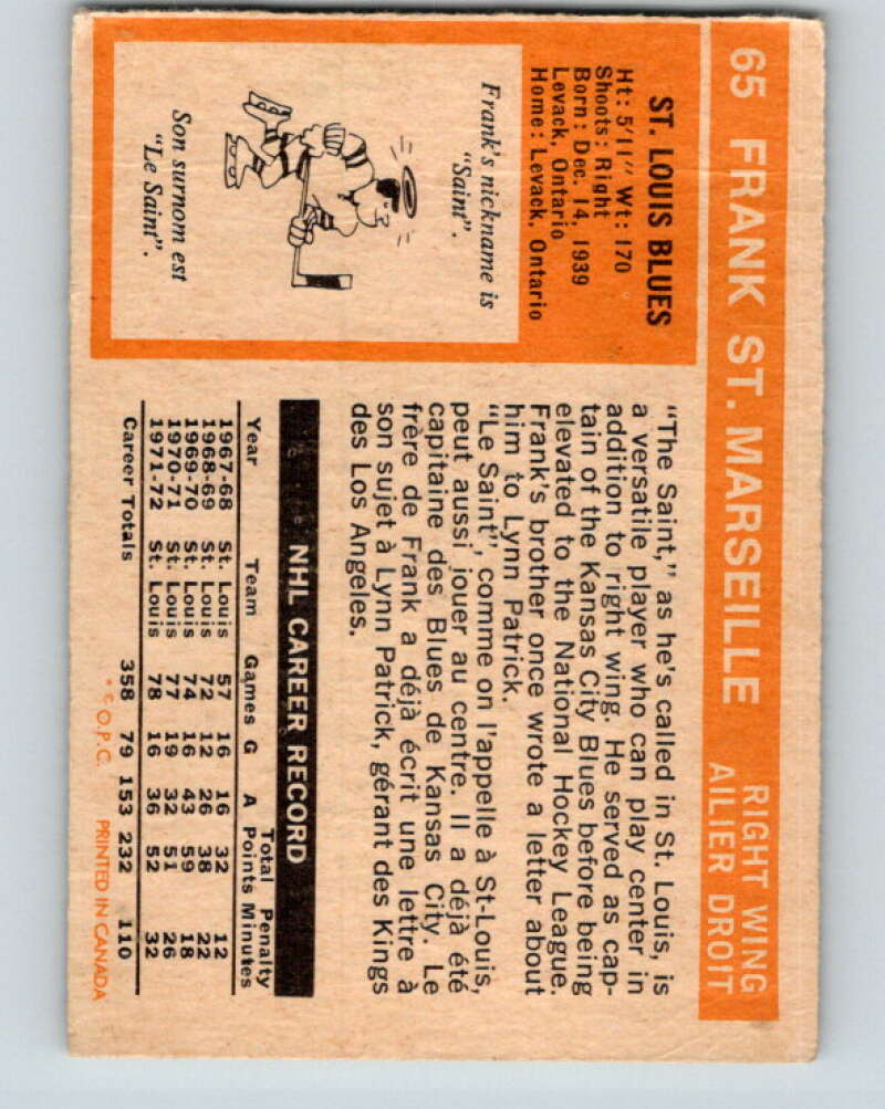 1972-73 O-Pee-Chee #65 Frank St. Marseille St. Louis Blues V3536