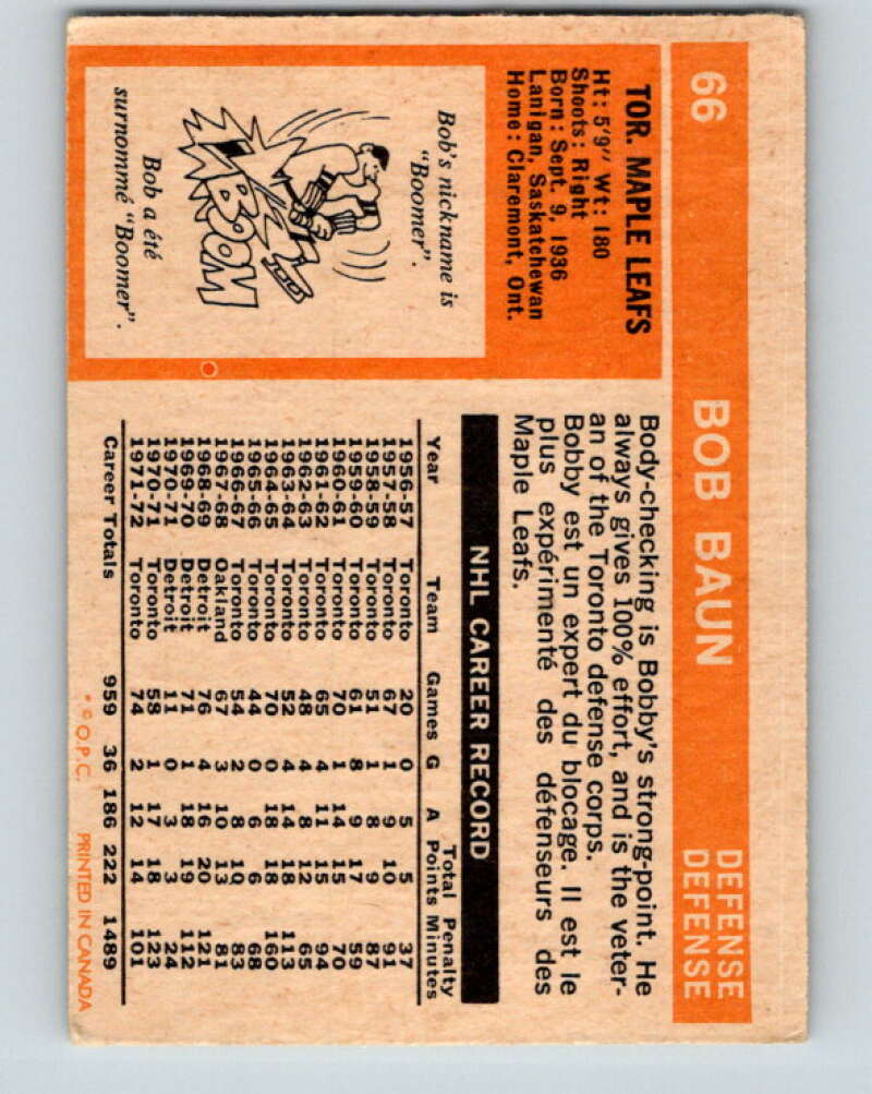 1972-73 O-Pee-Chee #66 Bob Baun Toronto Maple Leafs V3538