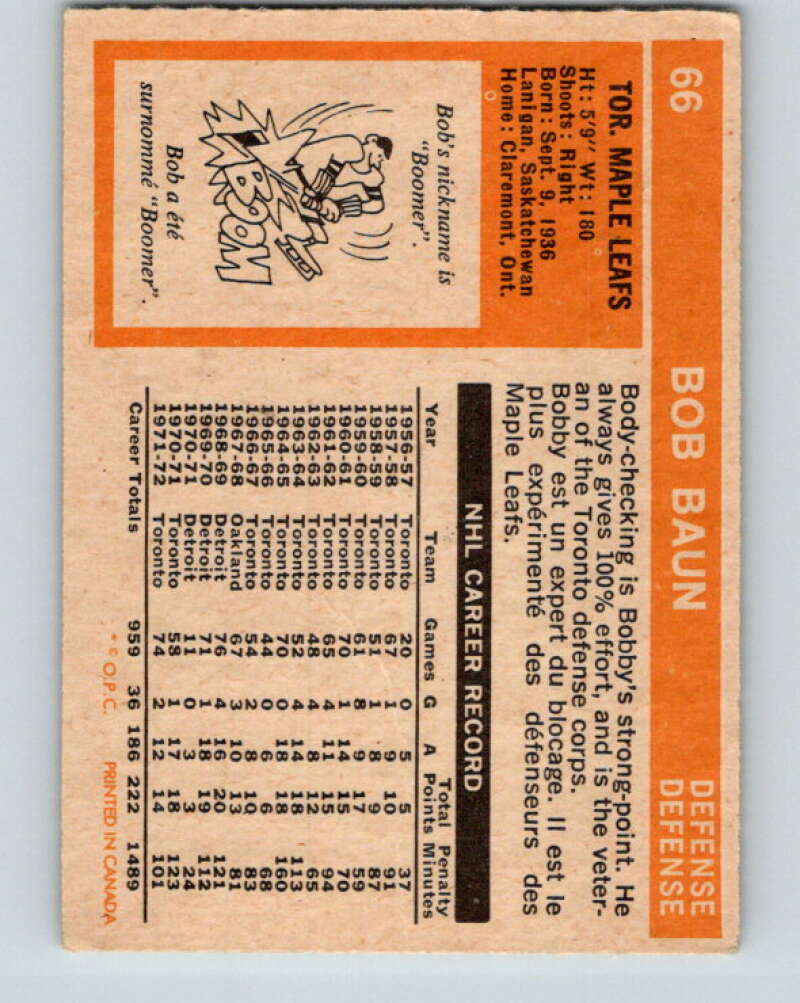 1972-73 O-Pee-Chee #66 Bob Baun Toronto Maple Leafs V3539