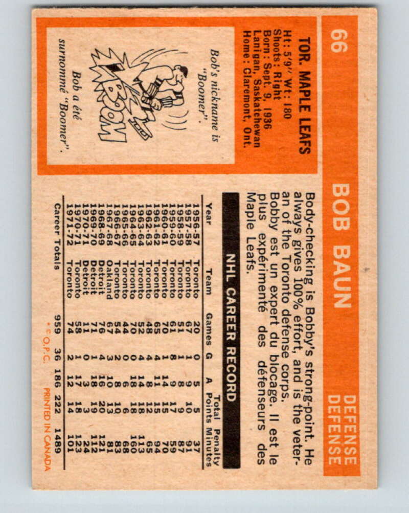 1972-73 O-Pee-Chee #66 Bob Baun Toronto Maple Leafs V3540