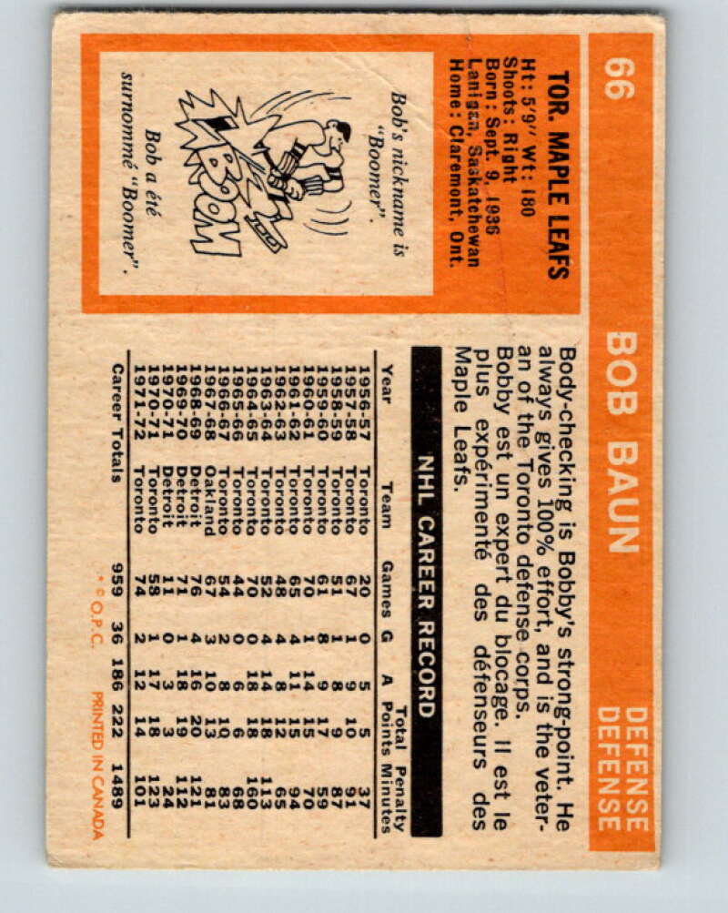 1972-73 O-Pee-Chee #66 Bob Baun Toronto Maple Leafs V3541
