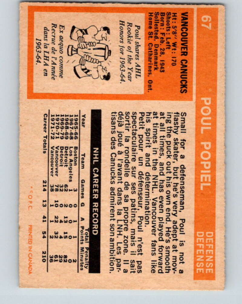 1972-73 O-Pee-Chee #67 Poul Popiel Vancouver Canucks V3542