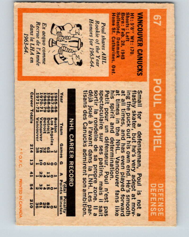 1972-73 O-Pee-Chee #67 Poul Popiel Vancouver Canucks V3543