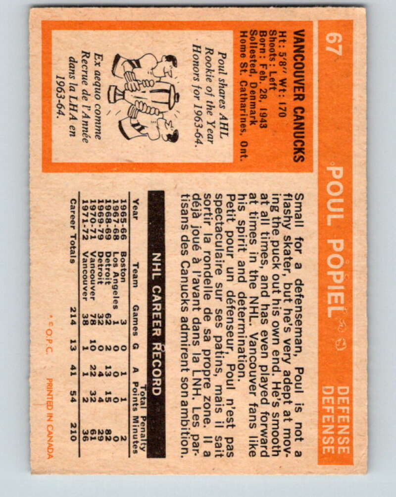 1972-73 O-Pee-Chee #67 Poul Popiel Vancouver Canucks V3545