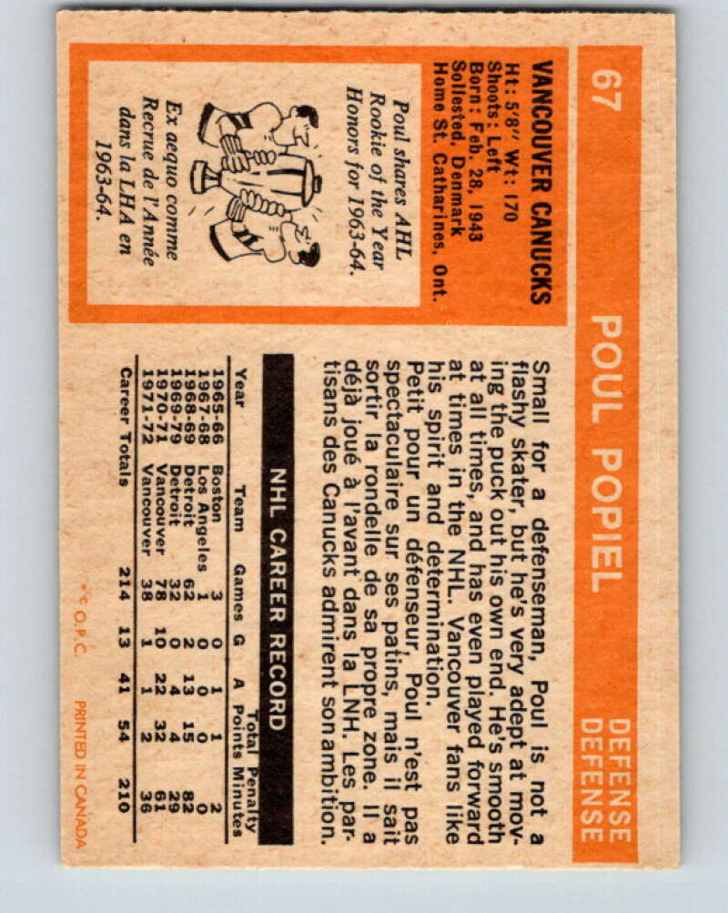 1972-73 O-Pee-Chee #67 Poul Popiel Vancouver Canucks V3546