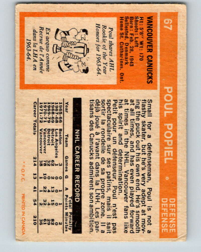 1972-73 O-Pee-Chee #67 Poul Popiel Vancouver Canucks V3548