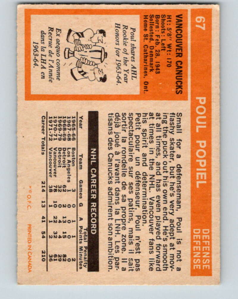 1972-73 O-Pee-Chee #67 Poul Popiel Vancouver Canucks V3549