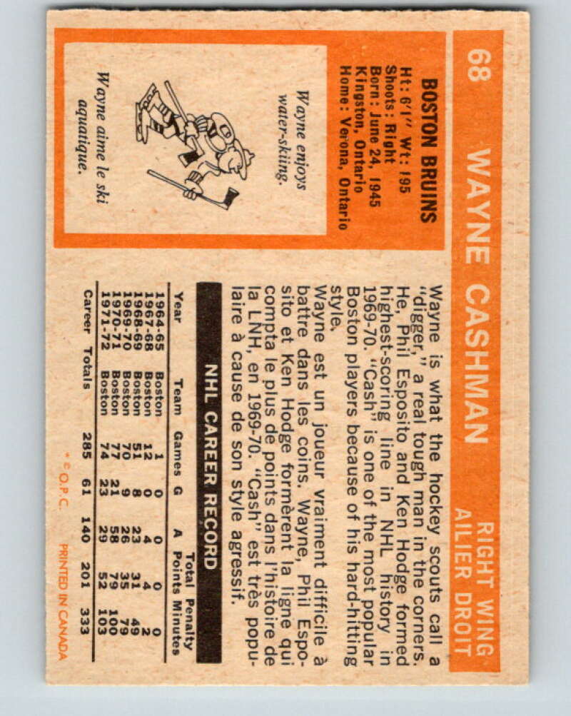 1972-73 O-Pee-Chee #68 Wayne Cashman Boston Bruins V3552