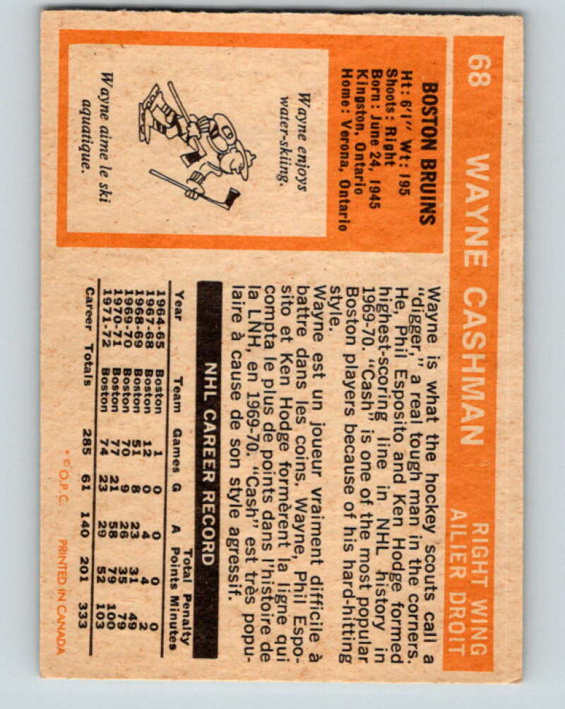 1972-73 O-Pee-Chee #68 Wayne Cashman Boston Bruins V3553