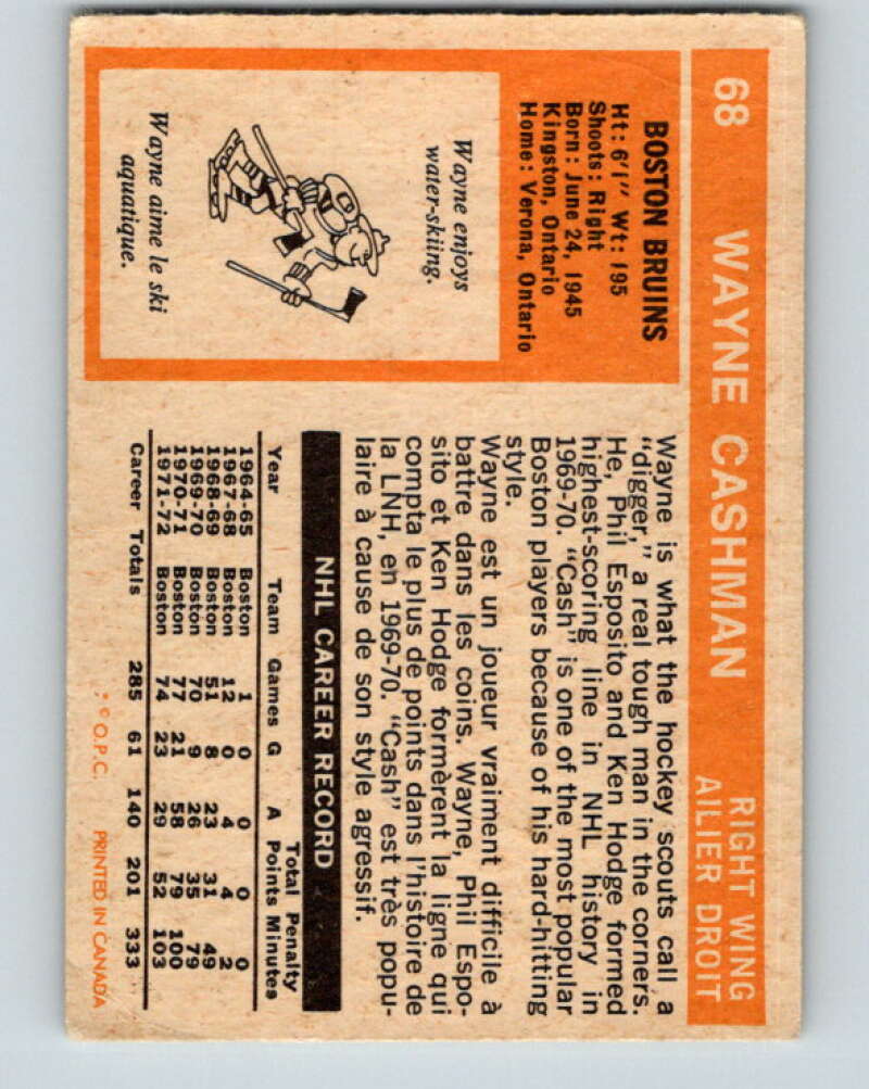 1972-73 O-Pee-Chee #68 Wayne Cashman Boston Bruins V3554