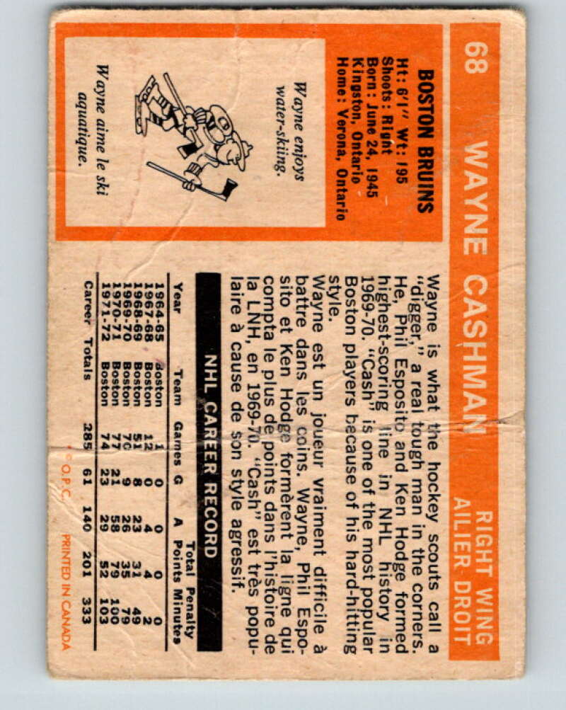 1972-73 O-Pee-Chee #68 Wayne Cashman Boston Bruins V3555