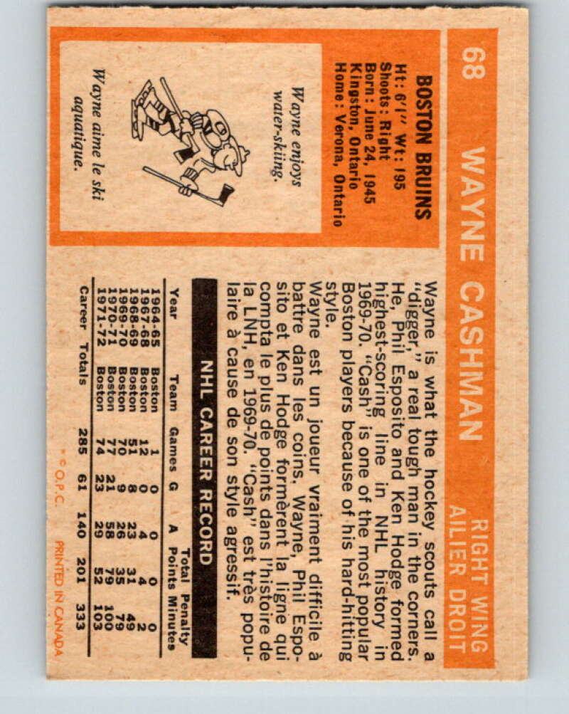 1972-73 O-Pee-Chee #68 Wayne Cashman Boston Bruins V3556
