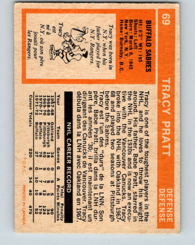 1972-73 O-Pee-Chee #69 Tracy Pratt Buffalo Sabres V3557