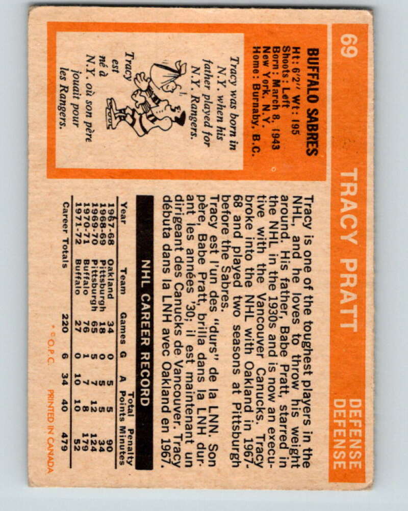 1972-73 O-Pee-Chee #69 Tracy Pratt Buffalo Sabres V3558
