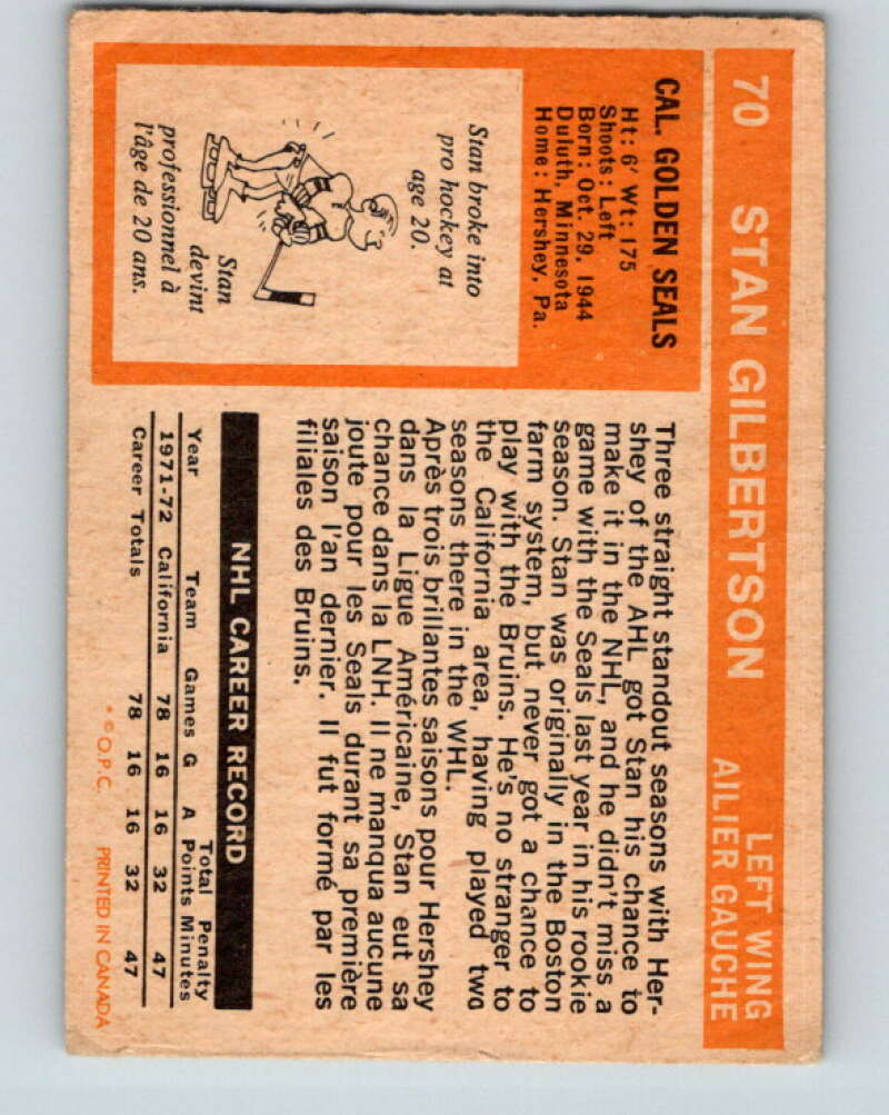1972-73 O-Pee-Chee #70 Stan Gilbertson California Golden Seals V3562