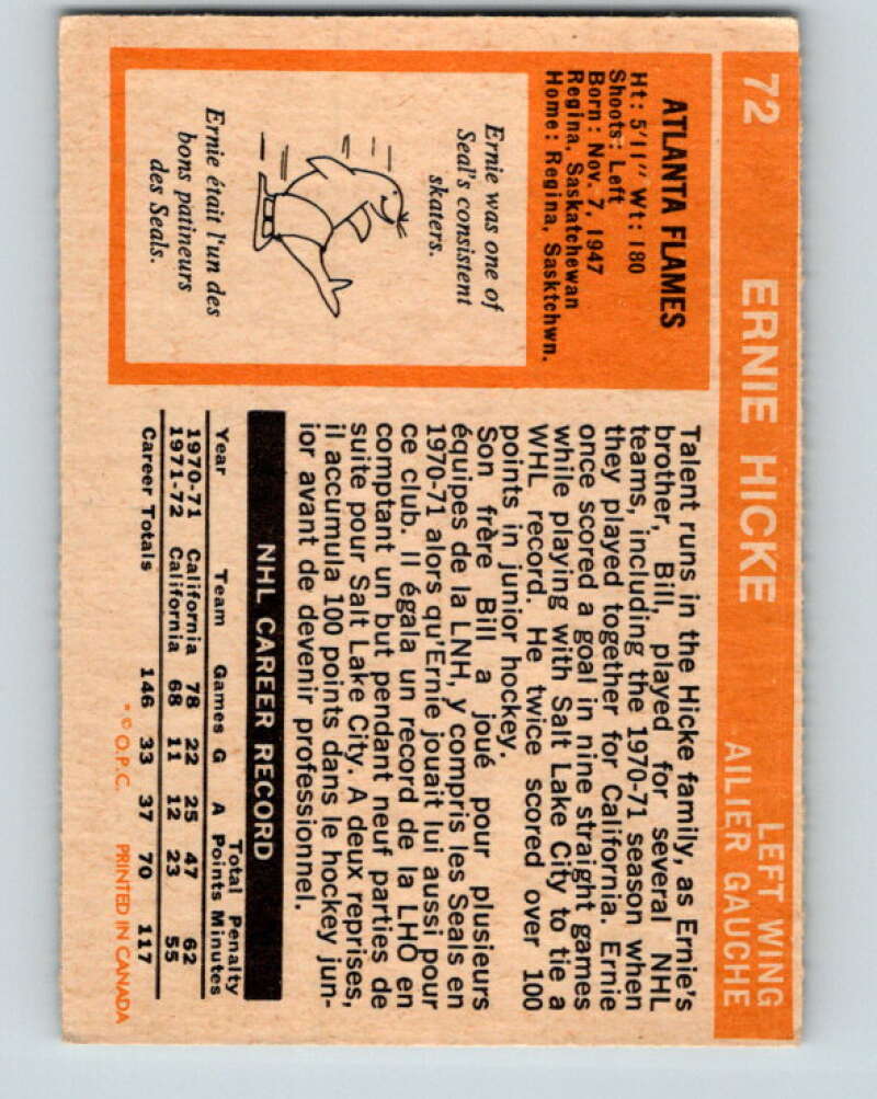 1972-73 O-Pee-Chee #72 Ernie Hicke Atlanta Flames V3572