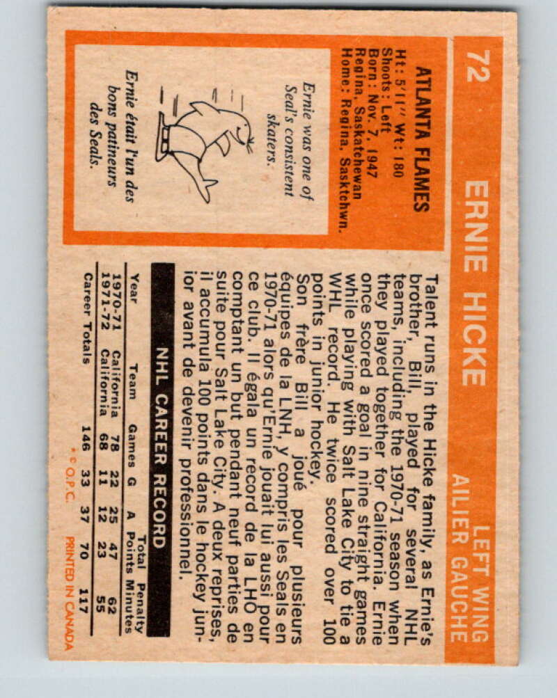 1972-73 O-Pee-Chee #72 Ernie Hicke Atlanta Flames V3573