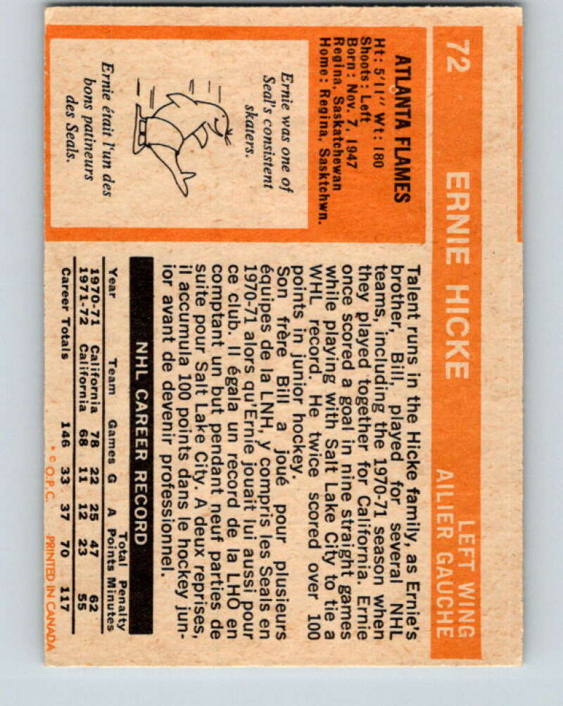 1972-73 O-Pee-Chee #72 Ernie Hicke Atlanta Flames V3574