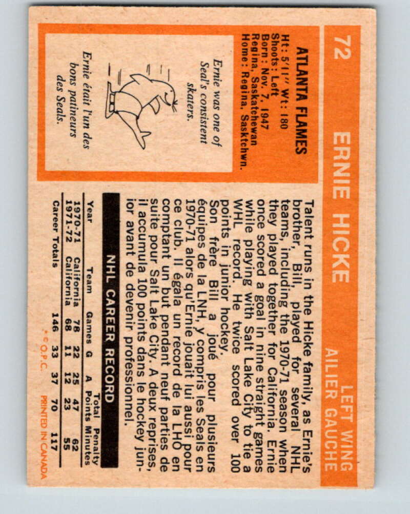 1972-73 O-Pee-Chee #72 Ernie Hicke Atlanta Flames V3575