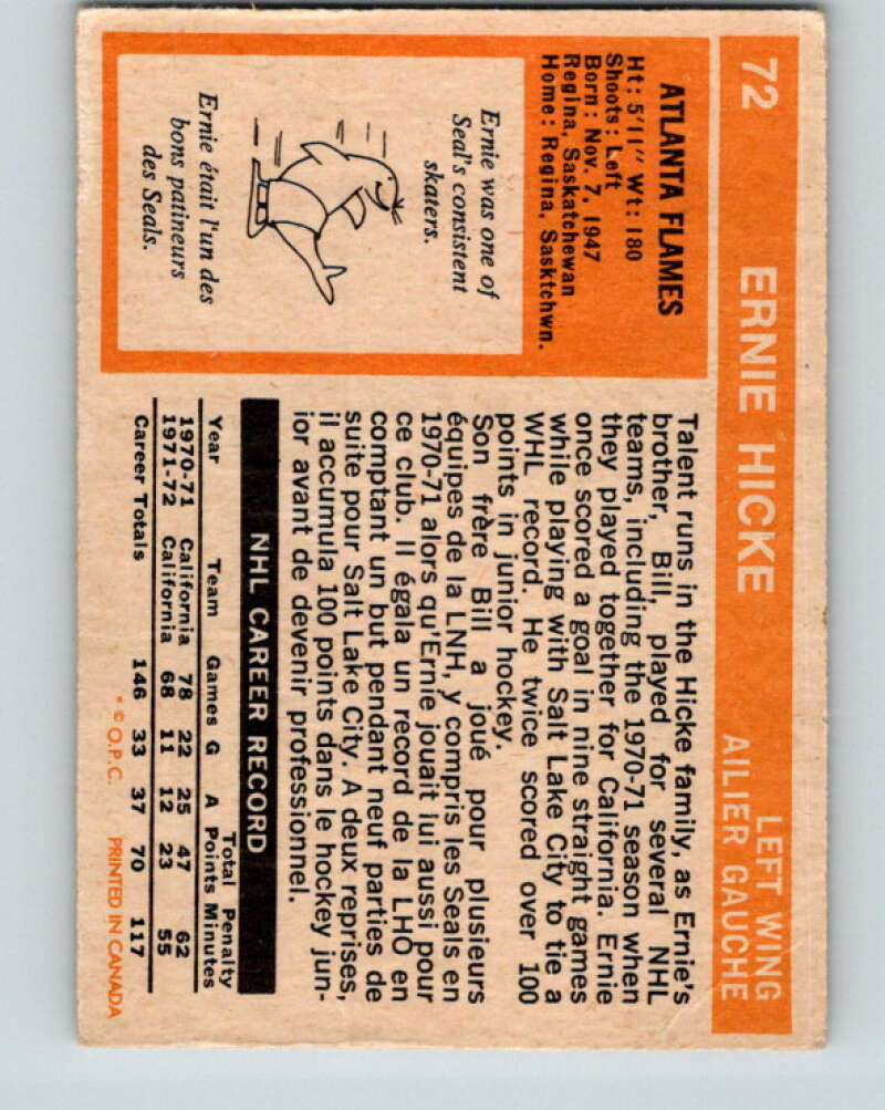 1972-73 O-Pee-Chee #72 Ernie Hicke Atlanta Flames V3576