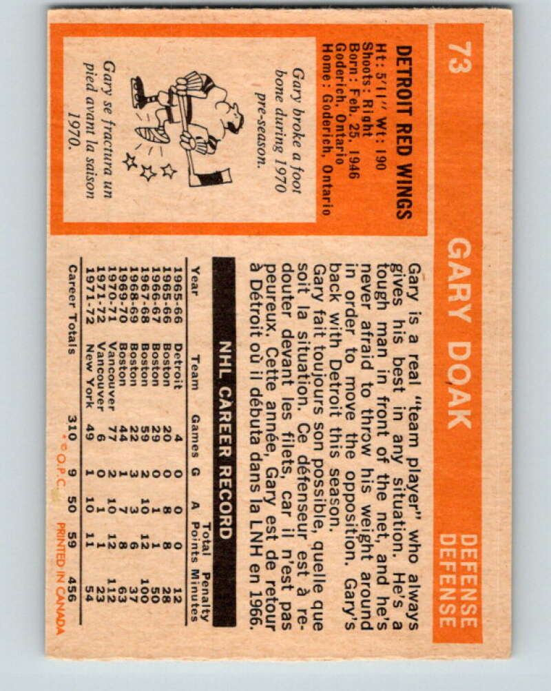 1972-73 O-Pee-Chee #73 Gary Doak Detroit Red Wings V3579